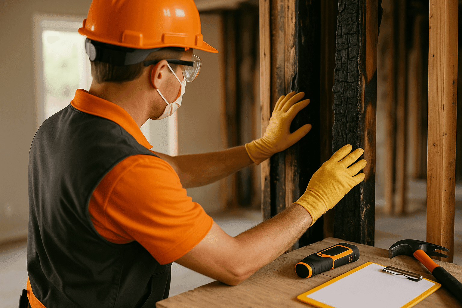 Fire damage consultant in protective gear inspecting a residential home's charred wood interior.
