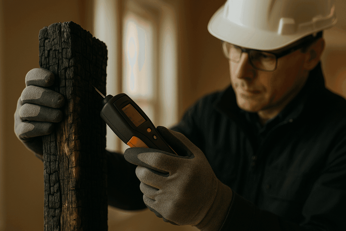 Close-up of consultant's gloved hands exaning charred wooden beam with moisture meter indoors.